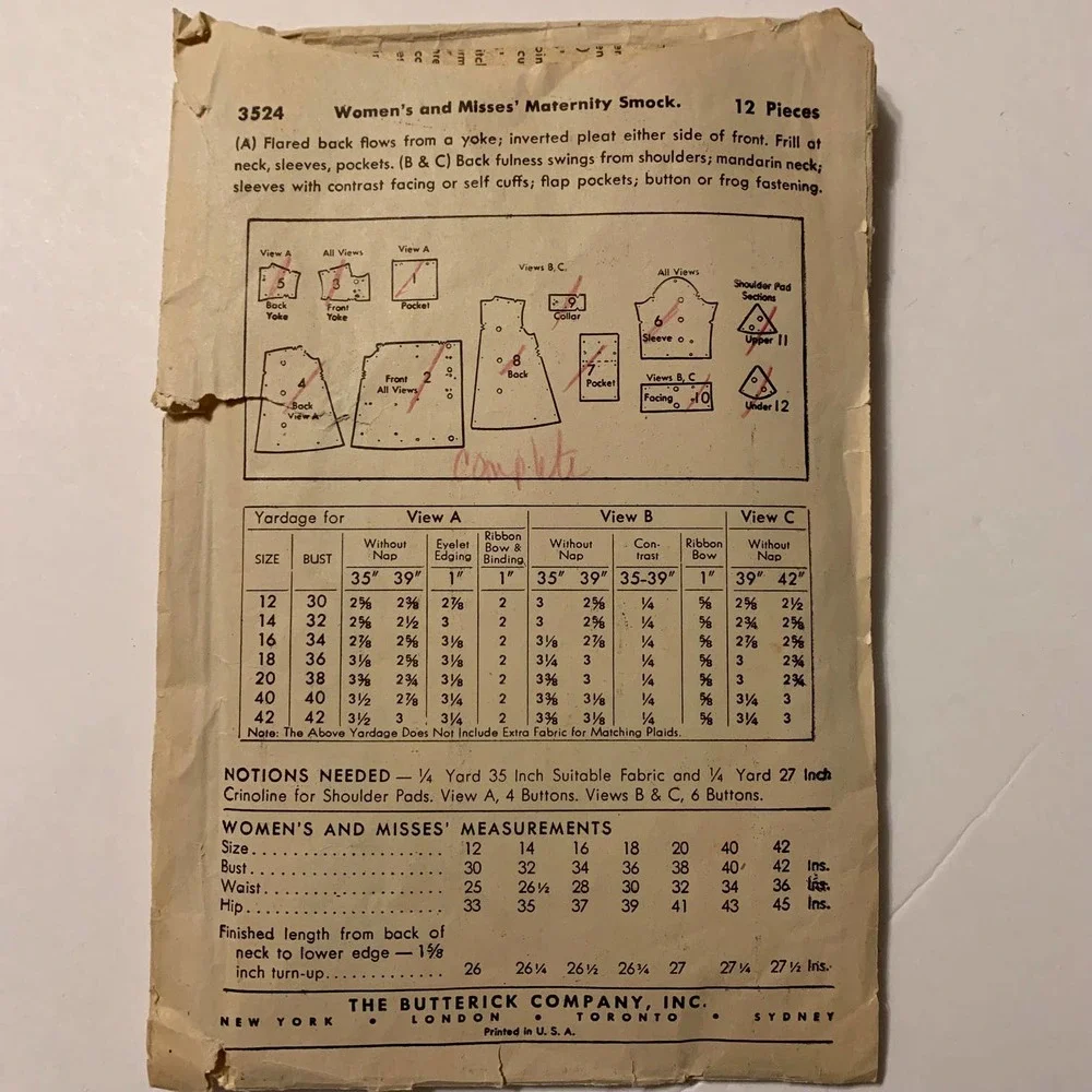 Butterick Vintage 1940's Sewing Pattern‎ #3524 Maternity Smock Size 14